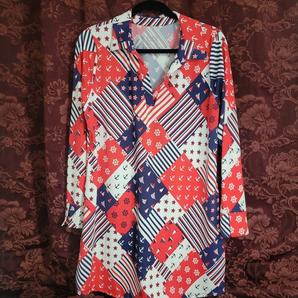 Denim & Co Beach Red White Blue Long Sleeve Dress